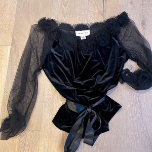 Victor Costa Black Velvet Sheer Mesh Sleeves Evening Blouse